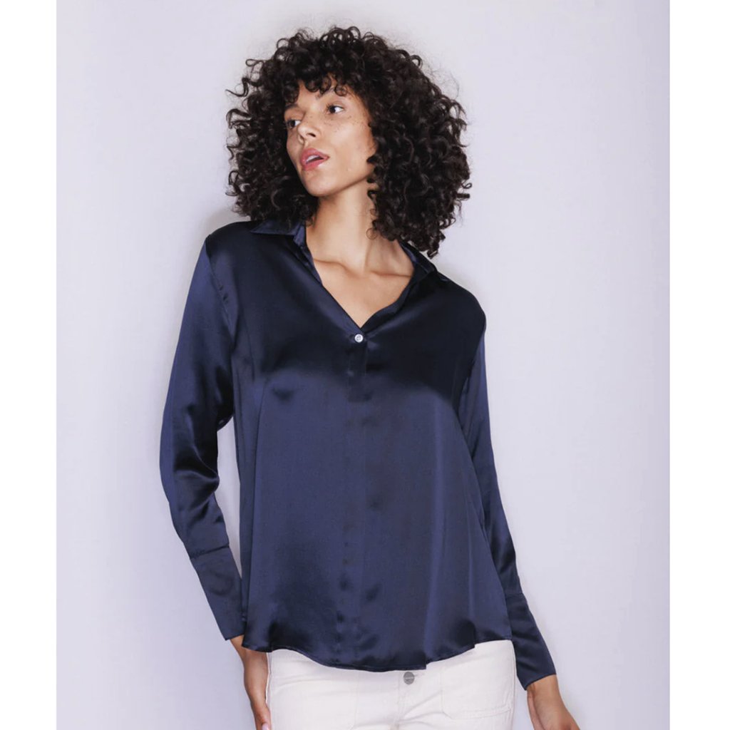 Catherine Gee Daria French Cuff Silk Blouse L Midnight Navy Long Sleeve Collar
